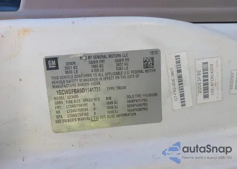 2013 Chevrolet Express 2500 Work Van from USA, damaged, VIN 1GCWGFBA9D1141731